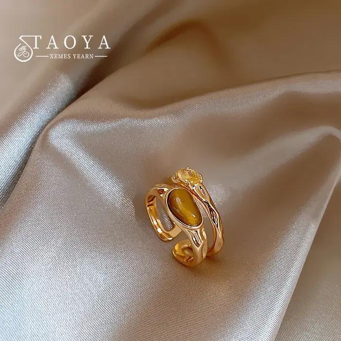 Bague ouverte en pierre d'oeil de tigre plaquée or 18 carats pour femmes style rétro luxe accessoires de bijoux tendance occasions spéciales parties soirée