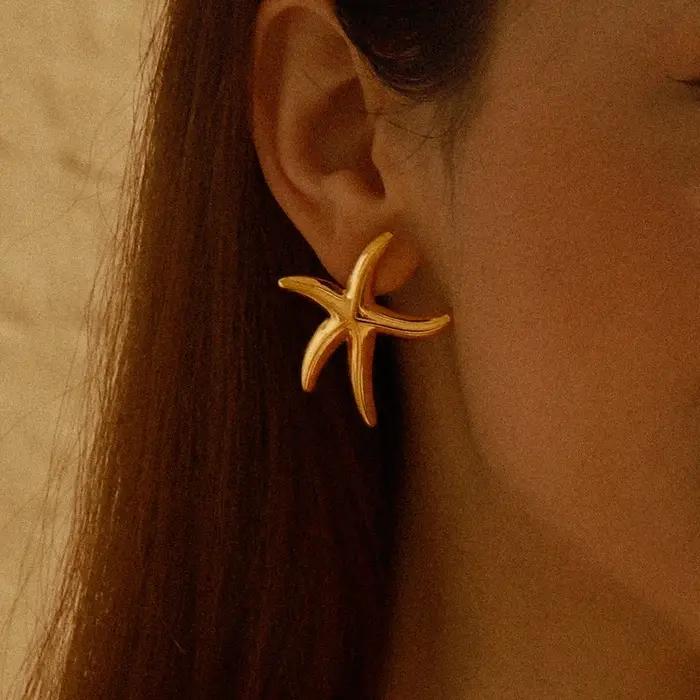 Uworld mode océan mer étoile boucles d'oreilles 18K couleur or plaqué acier inoxydable lisse grande taille