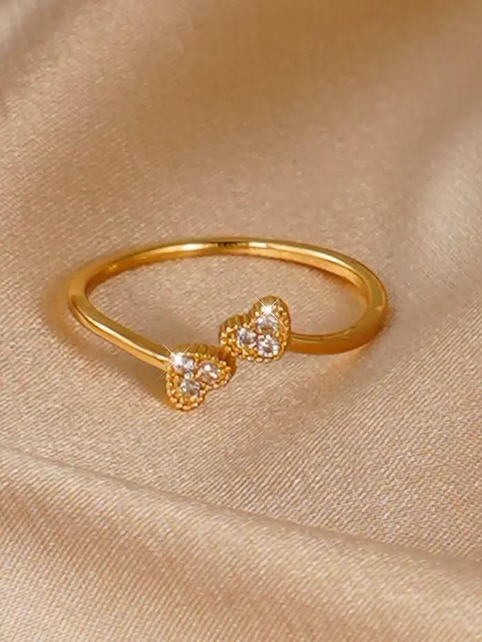 Bague élégante réglable à double cœur sertie de diamants