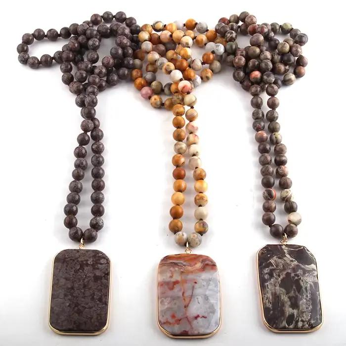 RH – collier avec pendentif en pierres naturelles, Long, Semi-précieux, rectangulaire, bijoux à la mode