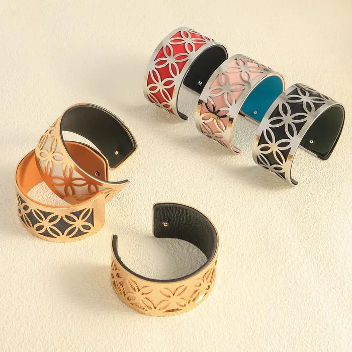 Bracelet de manchette en cuir et cuivre à motif géométrique symétrique double face pour femme