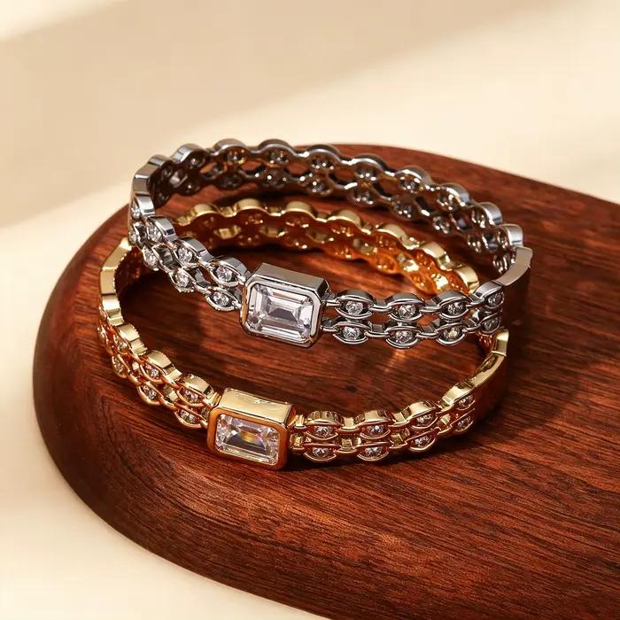 Bracelet de luxe en cristal baguette plaqué or 18 carats avec maillons de chaîne et zircone cubique pour femme