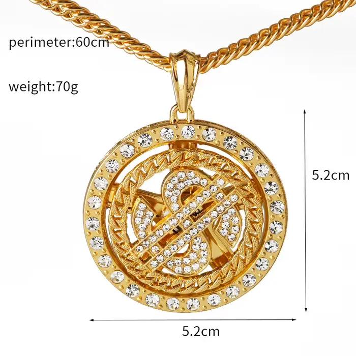 Mode cristal grand Raotatable Dollar américain collier signe d'argent pendentif collier hommes Hip Hop bijoux