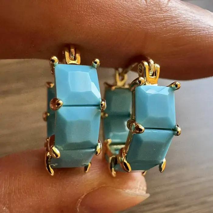 Boucles d'oreilles classiques à carreaux Turquoise pour femmes, Vintage, élégantes, plaquées or, accessoires de bijoux, cadeaux de fête exquis