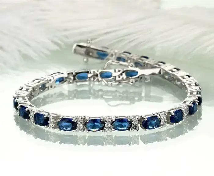 Bracelet saphir en argent regardé 925 pour femme, bracelet solide, bijoux élégants, pierres précieuses brillantes, cadeaux de fête de mariage, haute qualité