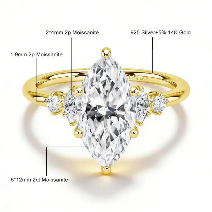 SDOOU Bague de fiançailles en or 14K plaqué or 2 carats avec moissanite taille marquise pour filles