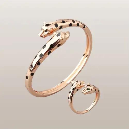 Taille 17 cm mince lisse Double noir léopard manchette Bracelets Bracelets panthère ensemble de bijoux pour les femmes cadeaux de fête