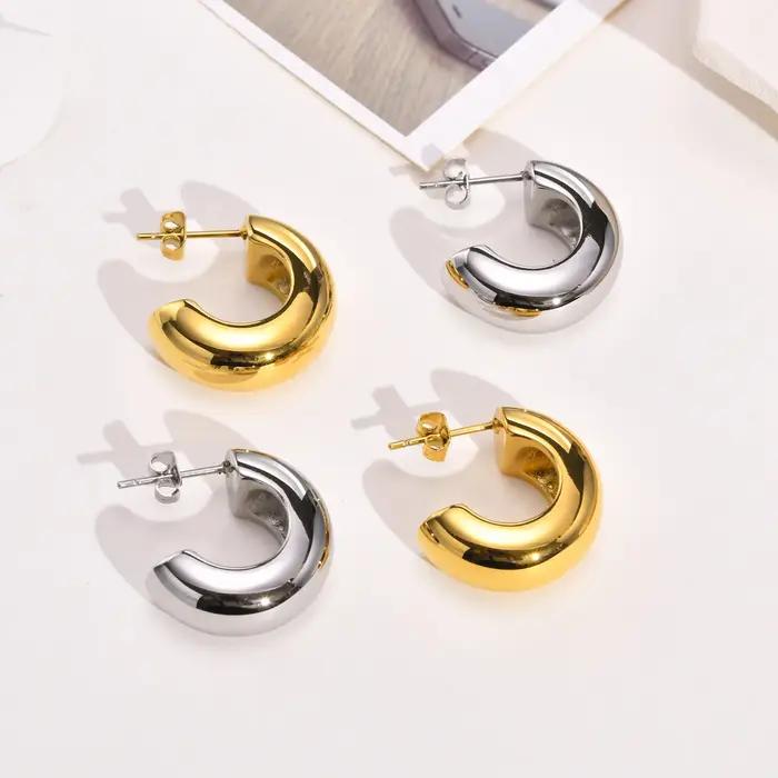 Boucles d'Oreilles Créoles Élégantes en Acier Inoxydable pour Femmes Occasions Spéciales Mode Grosses Boucles D'Oreilles Plaquées Or Argent