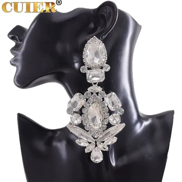 Boucles d'oreilles longues en cristal de biscuits de verre à clipser pour femmes et hommes, accessoires de scène, grandes tailles, mariage et festivals