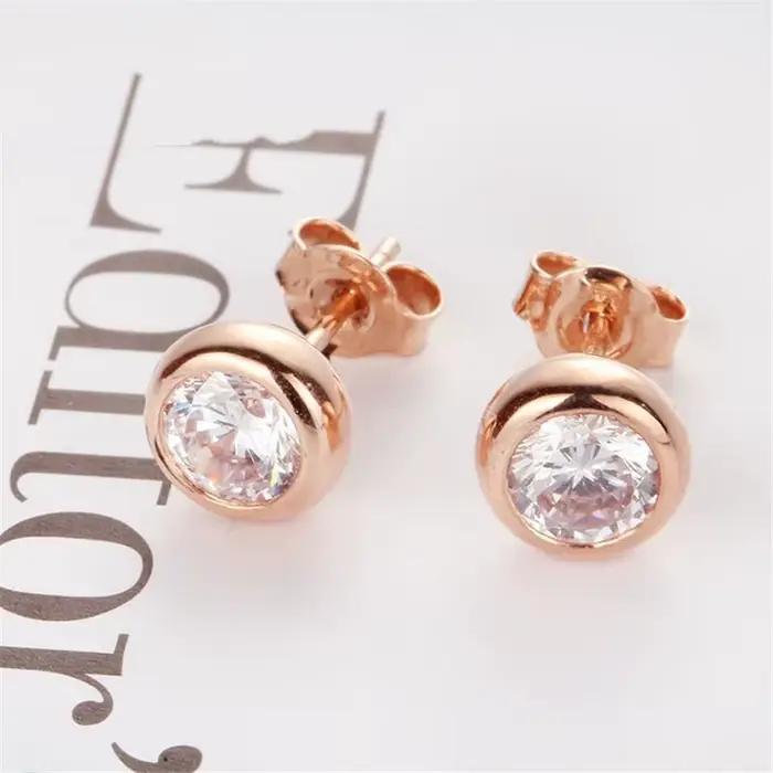 Boucles d'oreilles brillantes en diamant rond plaqué or rose violet 14 carats pour femmes, goujon cl