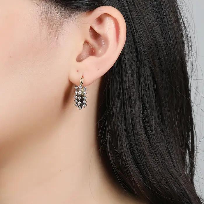 Ensemble de boucles d'oreilles et bagues en diamants à rangées radiales en forme d'éventail bijoux rétro bicolores pour femmes occasions spéciales