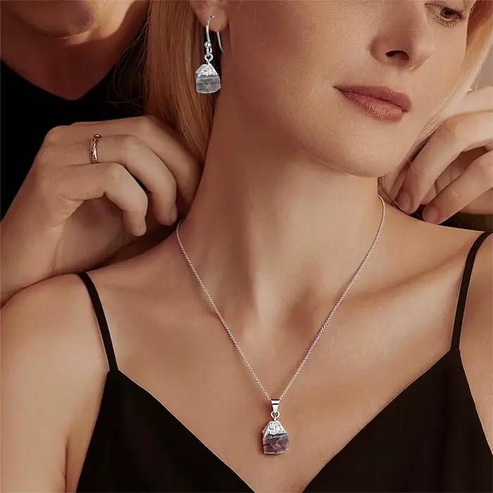 Ensemble de bijoux naturels, Quartz Rose, Amazonite, acier inoxydable, boucles d'oreilles en argent S925, combinaison de collier, bijoux Premium, cadeau de vacances