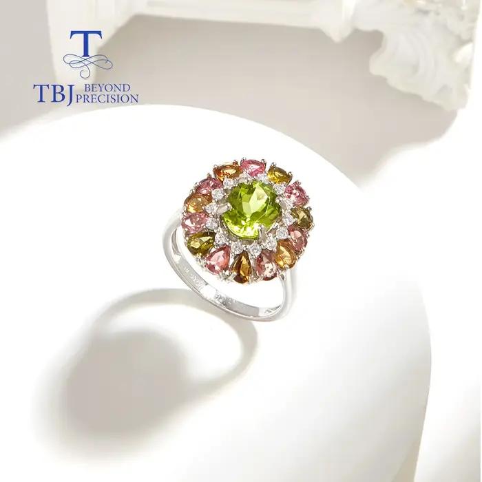 Bague en argent regardé 925 avec péridot et tourmaline pour femme