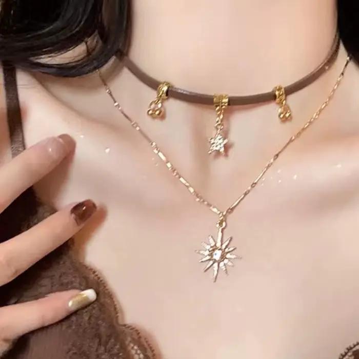 Collier en zircon étoile du soleil pour femmes vintage en cuir pendentif double couche chaîne ras du cou bijoux à la mode occasions spéciales