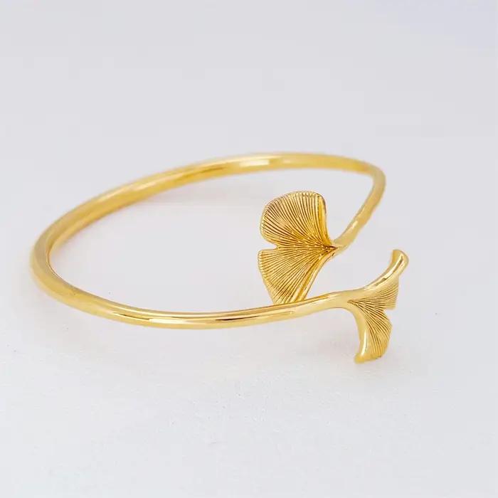 Bracelet manchette feuille de Ginkgo couleur or pour femmes