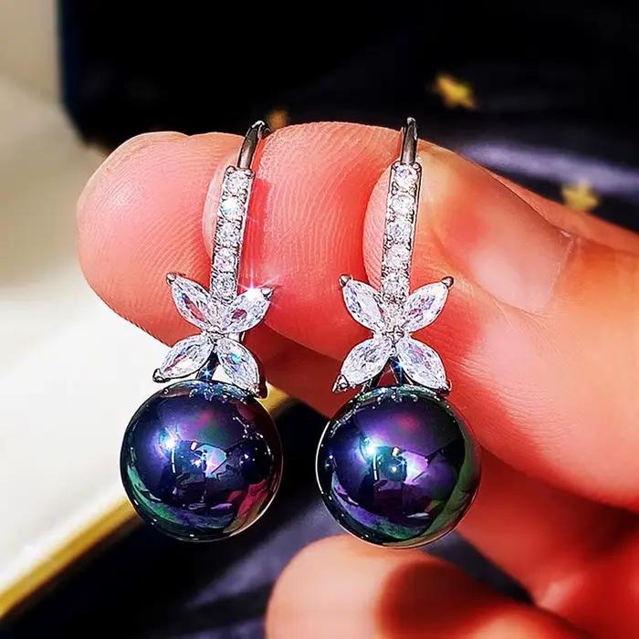 Boucles d'oreilles de luxe en perles noires/violetes pour femmes, en argent Sterling 925 massif, Cube en zircone cubique, crochet d'oreille, bijoux de mariage