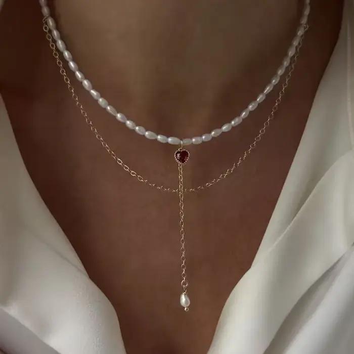 Collier pendentif chaîne à pampilles cristal et perles imprimées style bohème cadeau occasion spéciale femmes anniversaire saint valentin