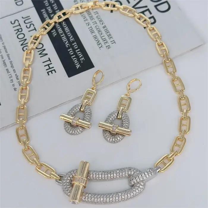 Ensemble de bijoux de luxe en cristal pour femmes, chaîne à clous, boucles d'oreilles, en cuivre plaqué or 18 carats, pour fête, Banquet