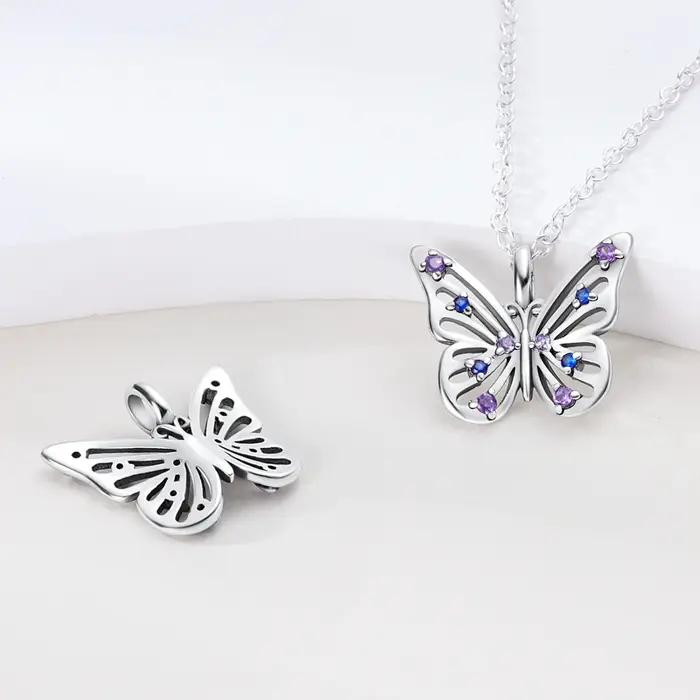 Collier pendentif en argent 925 serti de zirconium blanc avec forme de cœur et de papillon pour femmes bijoux d'anniversaire cadeau spécial