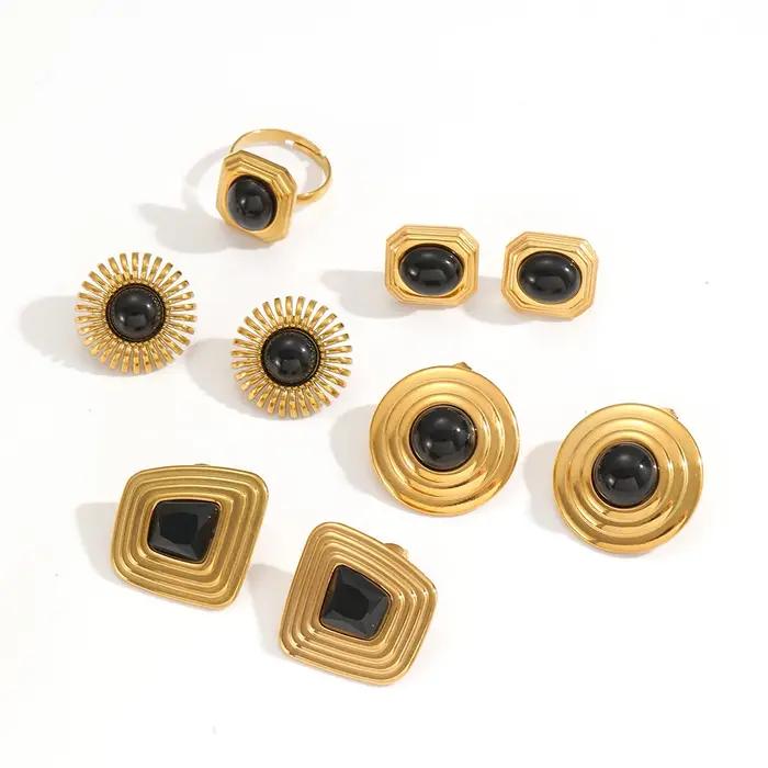 Ensemble d'accessoires de bijoux en acier inoxydable incrusté d'obsidienne pour femmes