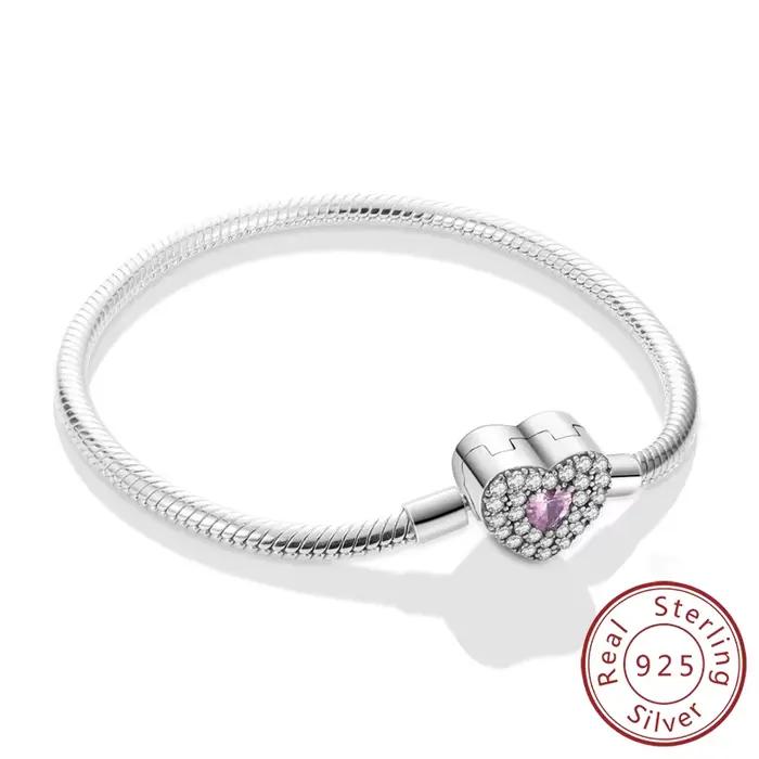 Bracelet Original 925 en argent Sterling Bracelet à breloques 17-20CM amour coeur pavé zircone Brace