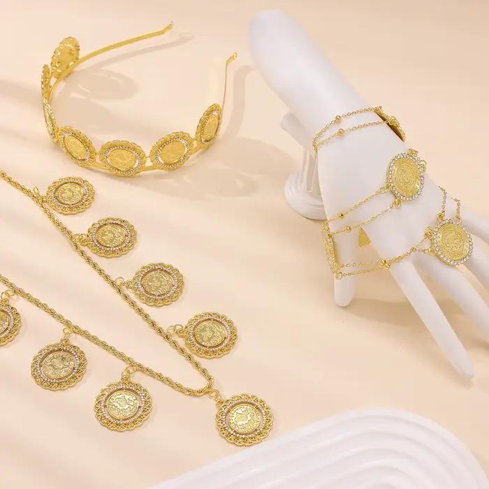 Ensemble de bijoux de mariée dorée, style cour française, collier, bracelet, couronne, vêtements mag