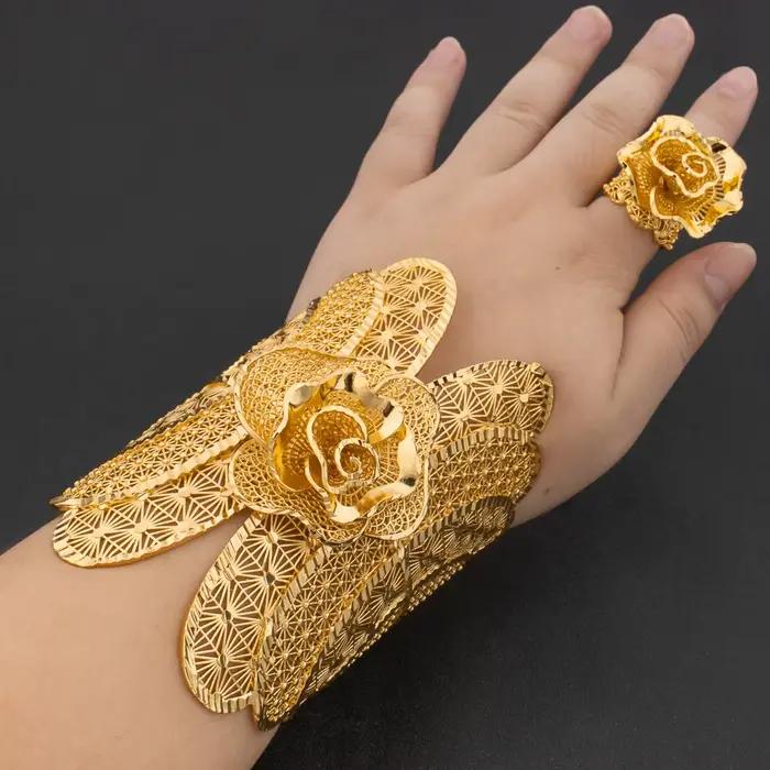 Ensemble de bijoux de luxe arabe plaqué or pour femmes, grand Bracelet en cuivre, Design de bague réglable, bijoux de mariage à la mode