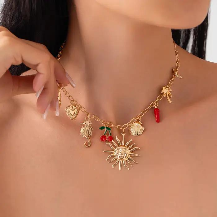 Salircon soleil étoile de mer pétoncle pendentif collier pour femmes Vintage conque été plage vacances couleur or chaîne bijoux cadeau