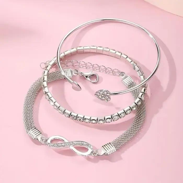 3 pièces/ensemble Vintage cristal strass coeur Bracelets pour femme mode géométrique réglable infini manchette bracelet bijoux cadeaux