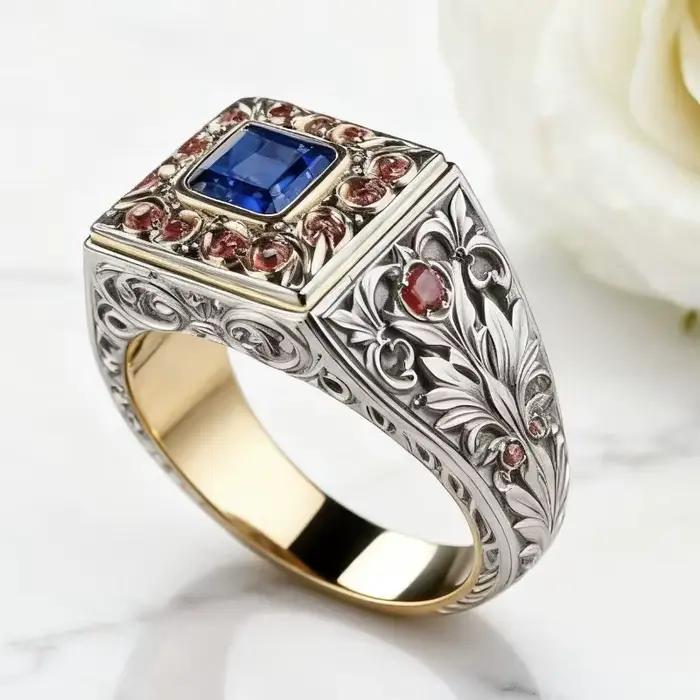 Nouvelle bague en alliage écologique - Design rétro luxueux bicolore électro-plaqué, diamant coloré, accessoire de mode pour femmes
