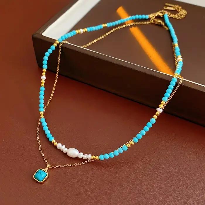 Collier double couche en or 18 carats plaqué turquoise avec perles imitation perles pour femmes occasions spéciales soirée anniversaire mariage