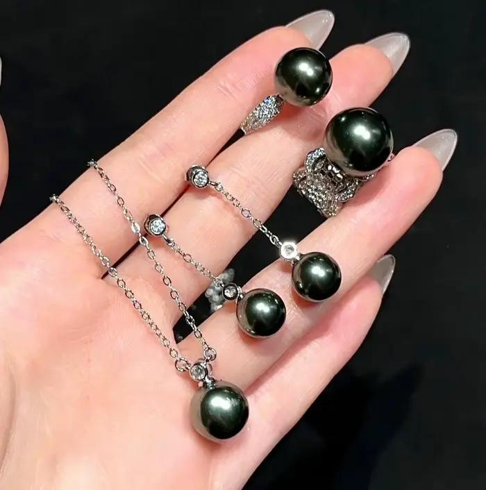 Ensemble de bijoux en perles de coquillage vert paon et pierres scintillantes, bague au design nid d'abeille avec diamants étincelants, ensemble de collier en perles de Tahiti Princess