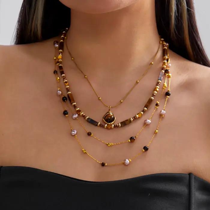 Ensemble de colliers superposés en imitation perle œil de tigre Maillard pour femmes, 3 pièces, chaî