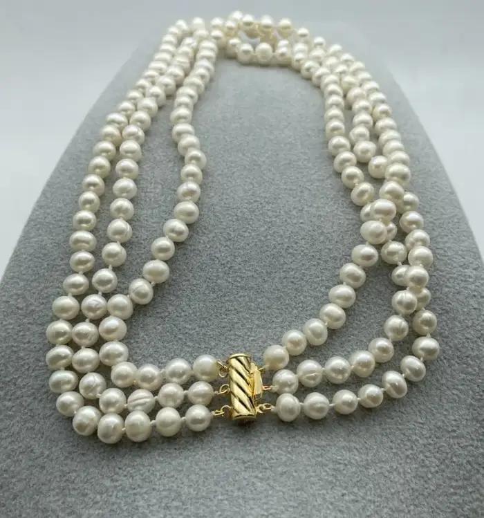 Collier de perles blanches d'eau douce naturelles à 3 rangées de 7 à 8 mm, 17-19 pouces