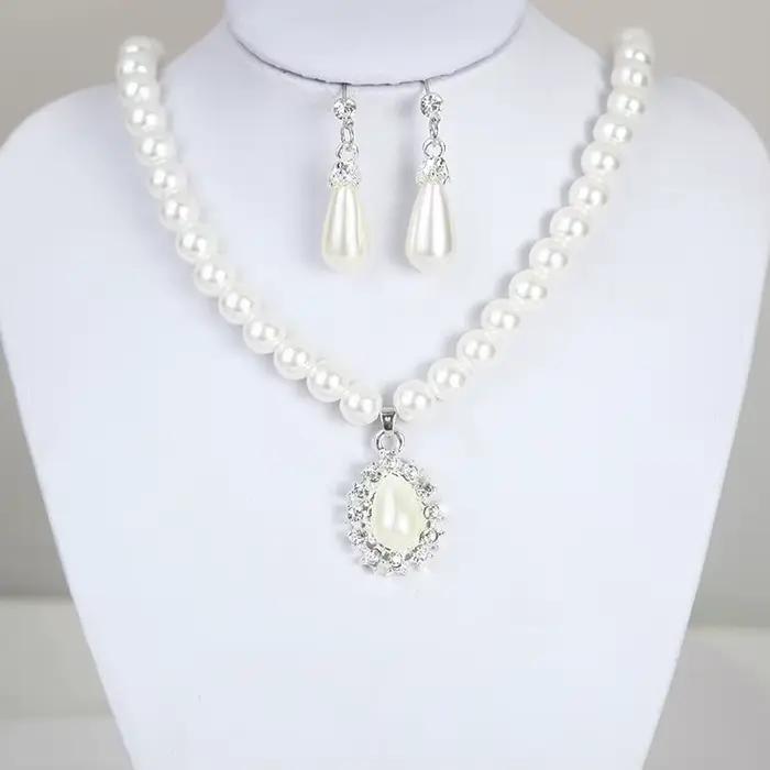 3 pièces/ensemble femmes mariée élégante fête de mariage perle strass collier boucles d'oreilles ens