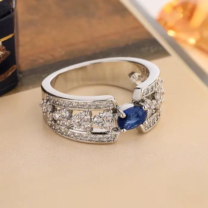 Bague en argent S925 grande pierre bleue zirconium diamant pierres précieuses bijoux engagement femmes occasions spéciales