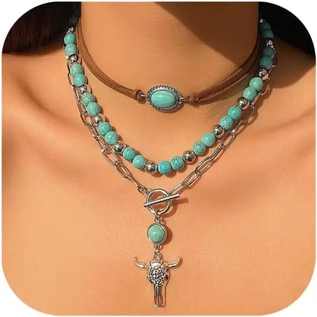 Colliers occidentaux superposés pour femmes, Vintage, Turquoise, perles, tête de bœuf, bijoux occide
