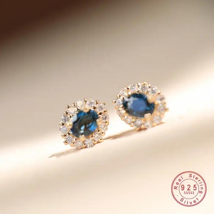 Boucles d'oreilles en argent Sterling S925 plaqué or 18 carats incrusté de Zircon bleu