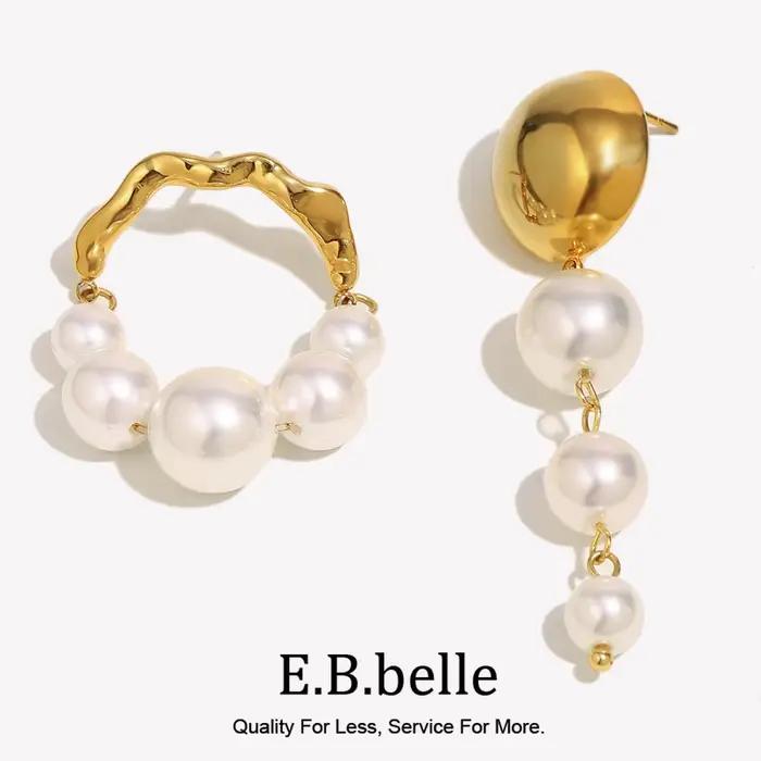 Boucles d'oreilles en perles baroques avec design asymétrique tendance en acier inoxydable plaqué or pour femmes occasions spéciales