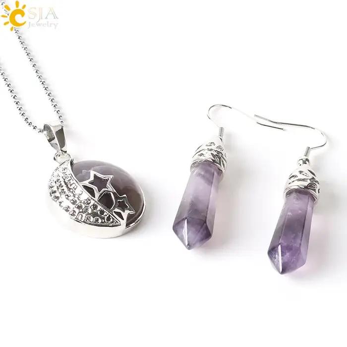 CSAlbanecklace-Ensemble de bijoux classiques en cristal violet, boucles d'oreilles, lune, étoiles, pierre naturelle, goutte d'eau, amour, plage, été, E385