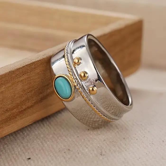 Bague polyvalente de style bohème incrustée de turquoise, bague ethnique vintage plaquée argent pour