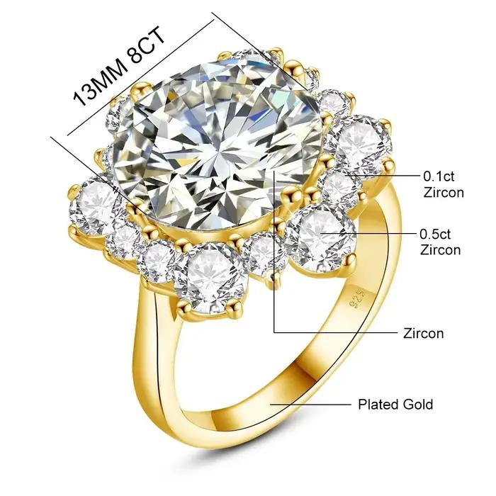 Bague Moissanite taille ronde massif 13mm 8ct, avec Certification, bijoux fins de mariage de luxe po
