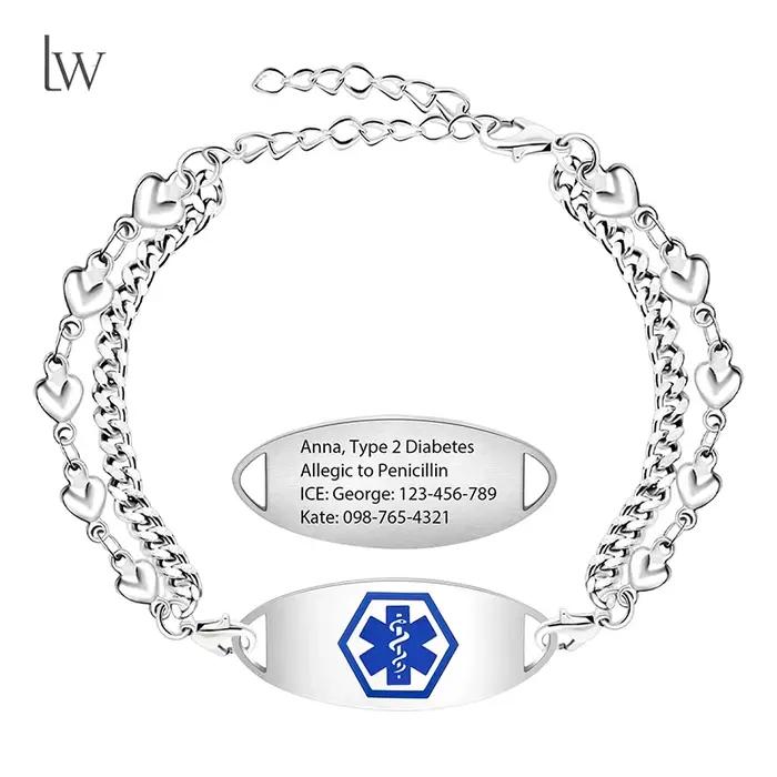 Bracelets d'alerte médicale personnalisés pour femmes, Bracelet médical personnalisé, gravure en aci