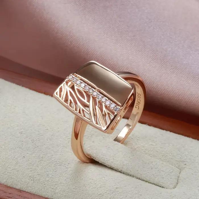 Bague de luxe brillante en or rose 585 pour femme, bijou de mariage vintage à la mode, avec zirconium blanc, carré, pour occasions spéciales