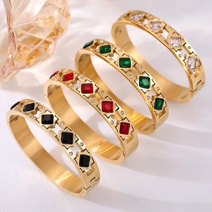 Bracelet Vintage pour femmes, sans rouille, plaqué or, en acier inoxydable, carré en verre rouge, breloque, bijoux de luxe, cadeau