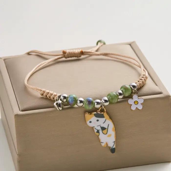 Bracelet en émail motif chat et fleur, style dessin animé, pour femmes et hommes, avec pendentif ani