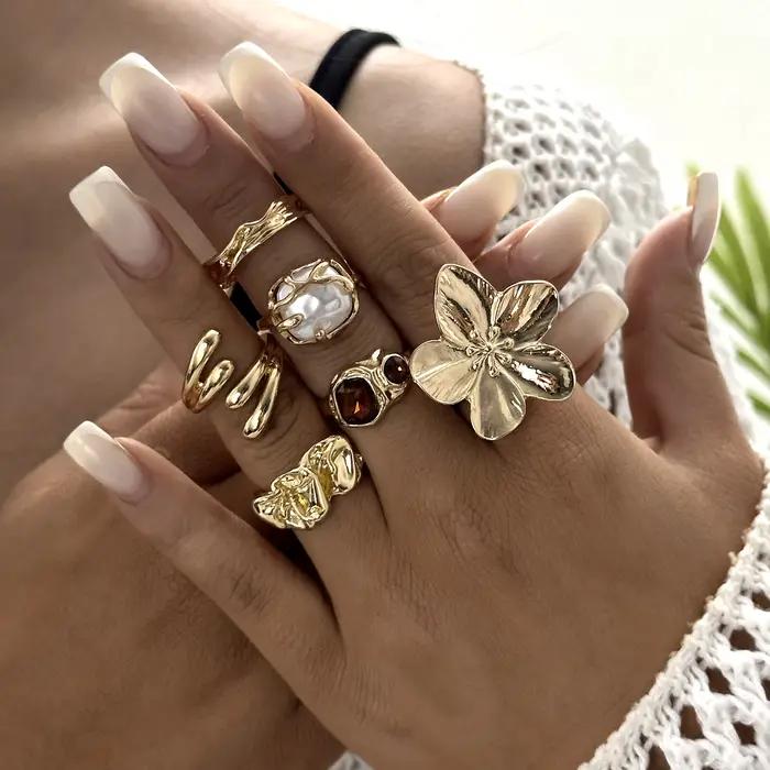 Ensemble de bagues dorées épaisses pour femmes, avec fausses perles, fleurs, motifs abstraits et géo