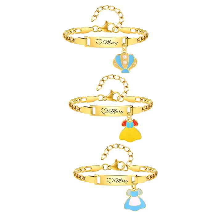 Bracelet d'Identification Personnalisé pour Enfants Acier Inoxydable Plaqués Or 18 Carats Pour Filles Occasions Spéciales Sécurité et Personnalisation