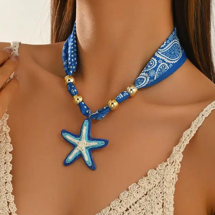 Collier ras du cou bandana bleu bohème pour femme