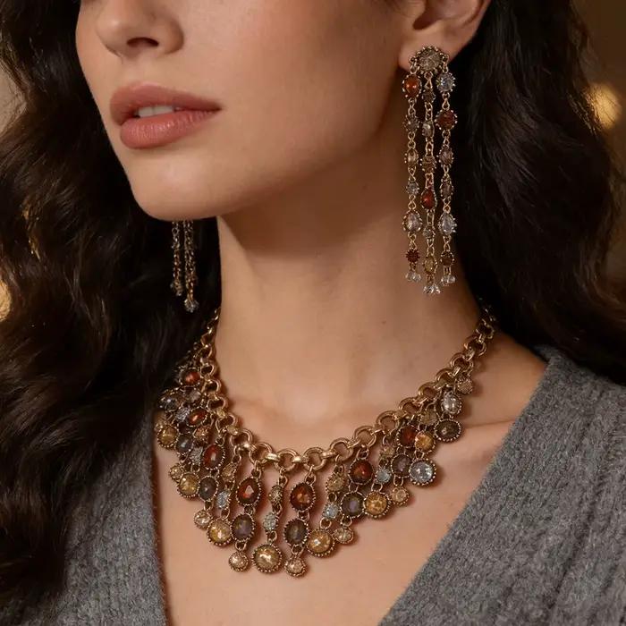 Ensemble de bijoux Vintage à franges multi-pierres (collier + boucles d'oreilles), accessoire de déclaration Boho glamour, idéal pour une soirée et une Date